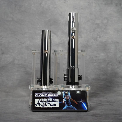 Signature Edition Ahsoka Tano Clone Wars lightsaber duo on an acrylic stand with the character plaque signed by Ashley Eckstein