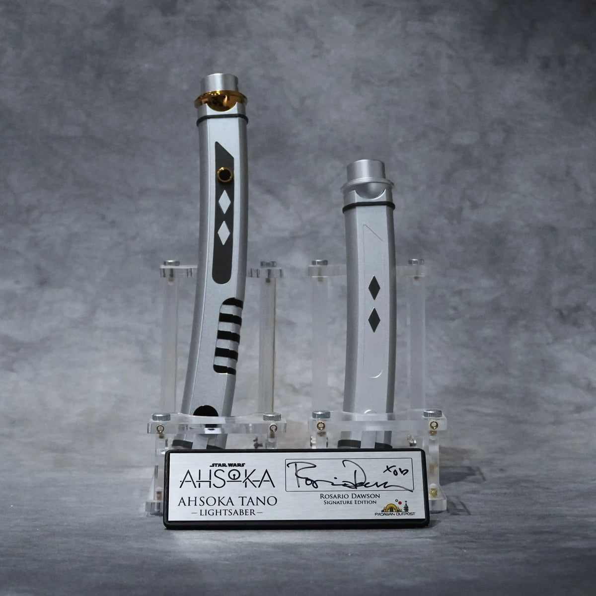 Signature Edition Ahsoka Tano lightsaber duo with brushed metal plaque signed by Rosario Dawson