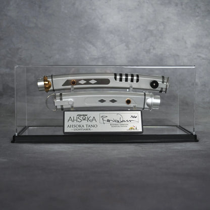 Signature Edition Ahsoka Tano lightsaber duo with the brushed metal plaque signed by Rosario Dawson, presented in the collector's display case