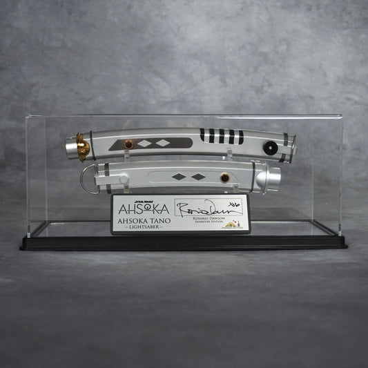 Signature Edition Ahsoka Tano lightsaber duo with the brushed metal plaque signed by Rosario Dawson, presented in the collector's display case