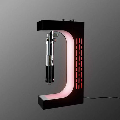 Lightsaber hilt hanging magnetically in the floating display stand, red light