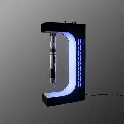 Lightsaber hilt floating above the base of the magnetic display stand