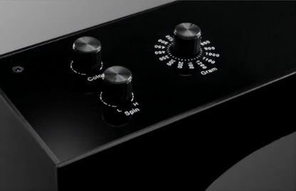 Control dials on top of the floating lightsaber display stand: Colour, Spin speed and hilt weight from 100 to 1,200 grams