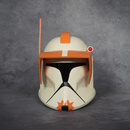 Commander Cody Phase I wearable helmet, front view with orange command visor, crest and antenna