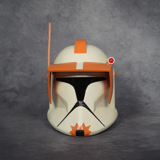 Commander Cody Phase I wearable helmet, front view with orange command visor, crest and antenna