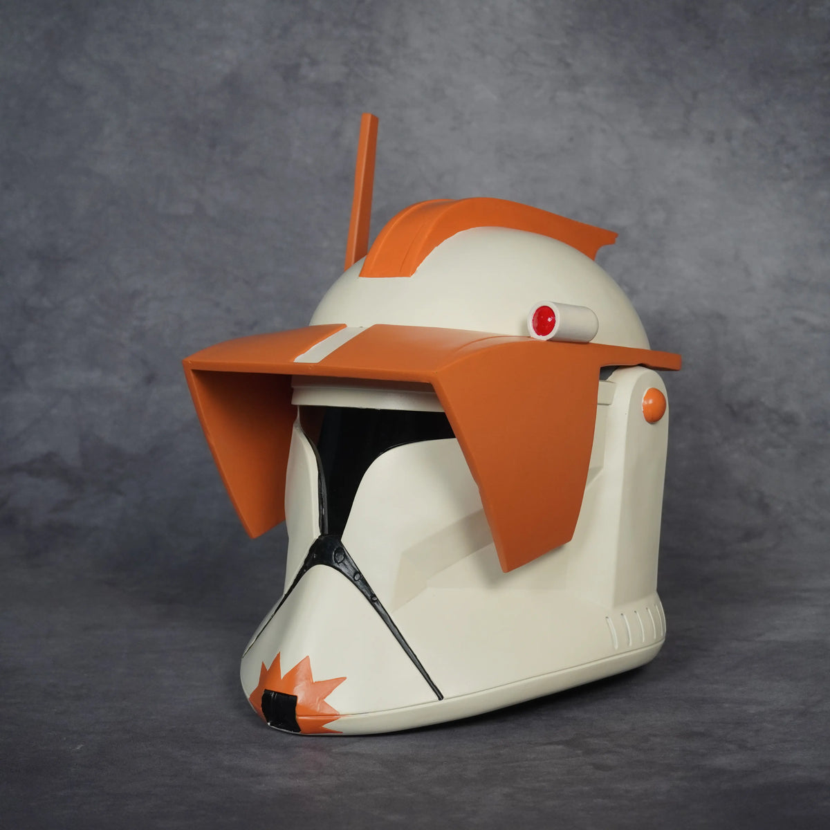Commander Cody Phase I helmet, right three-quarter view of the orange visor and 212th markings
