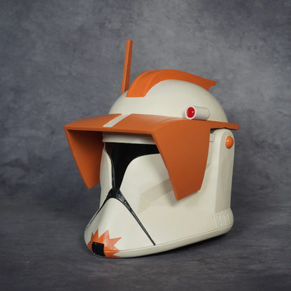 Commander Cody Phase I helmet, right three-quarter view of the orange visor and 212th markings