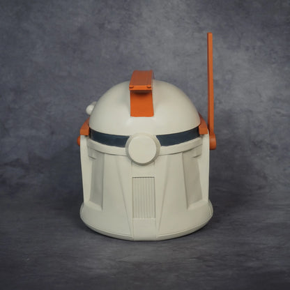 Commander Cody Phase I helmet, three-quarter front view showing the orange visor plate and side antenna