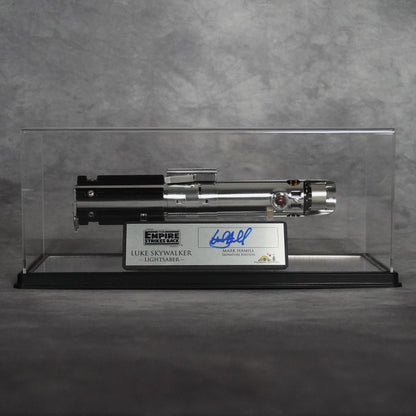 Luke Skywalker Empire Strikes Back lightsaber in display case with Mark Hamill signature plaque
