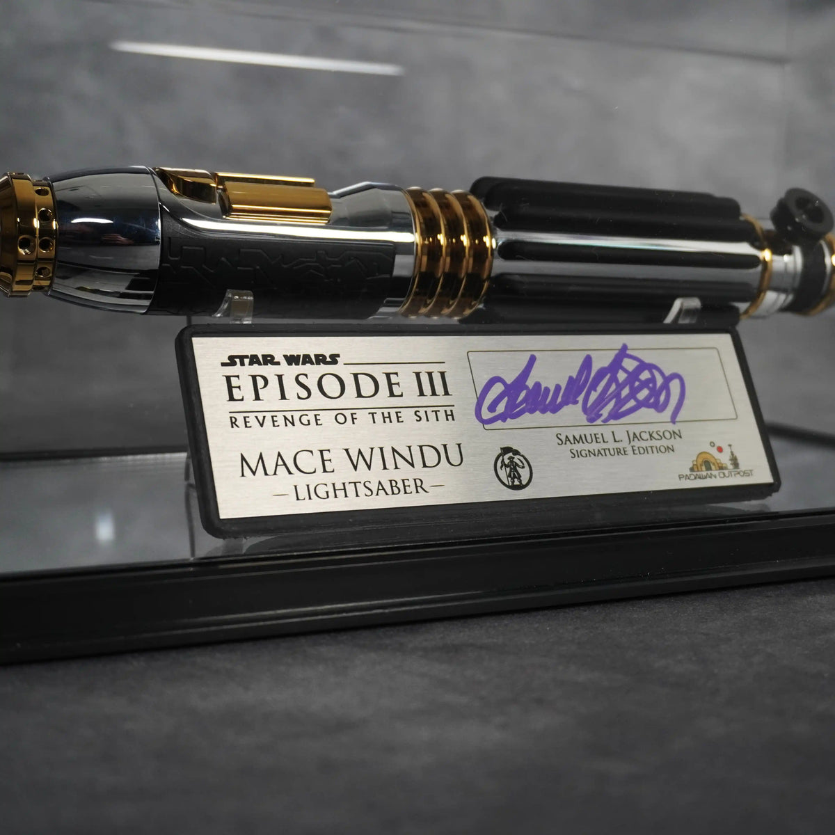 Samuel L. Jackson signature in purple ink on the brushed metal Mace Windu Signature Edition plaque