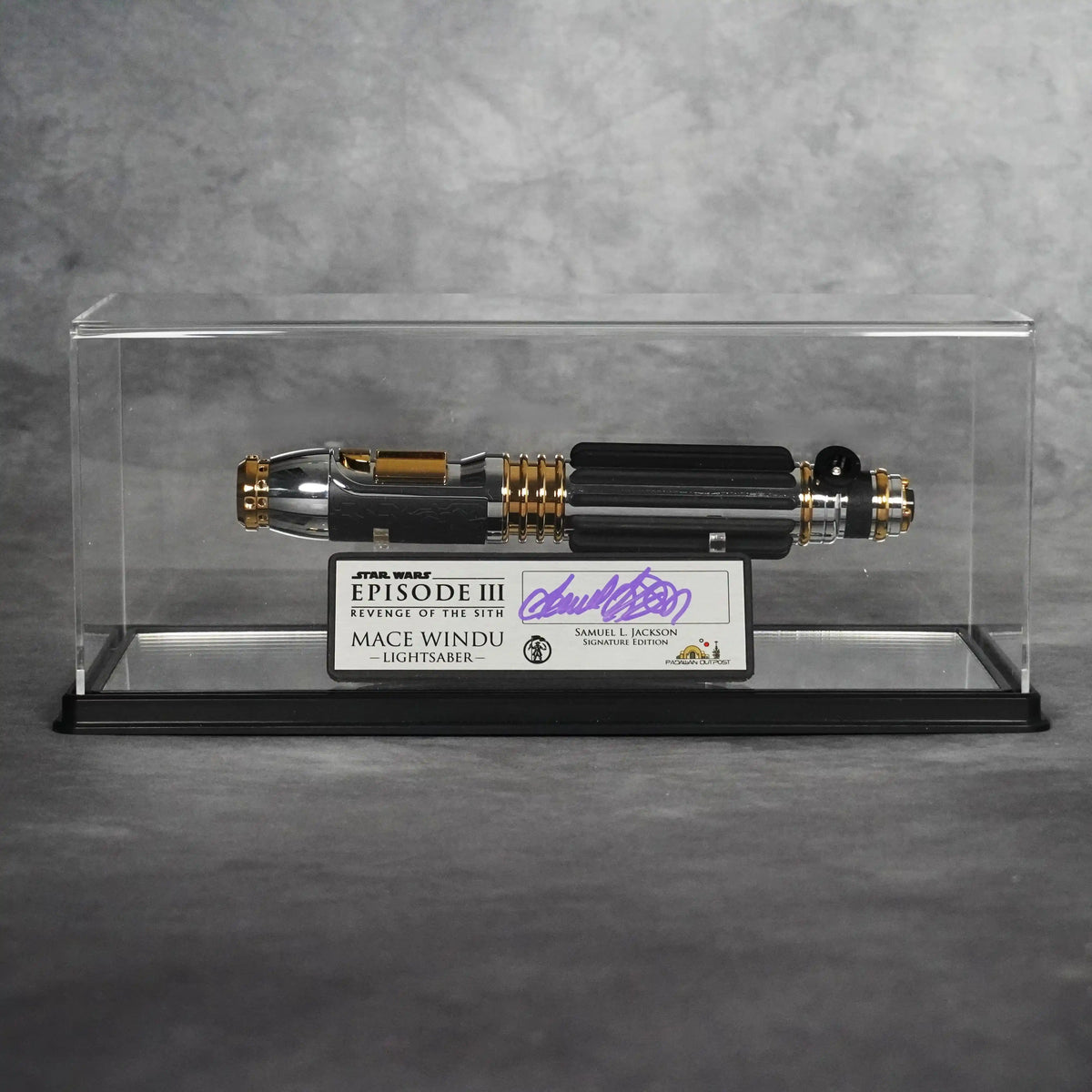 Signature Edition Mace Windu lightsaber and signed plaque presented in the acrylic display case with stand