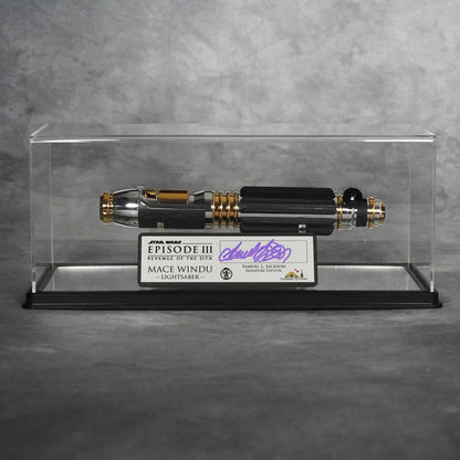 Signature Edition Mace Windu lightsaber and signed plaque presented in the acrylic display case with stand