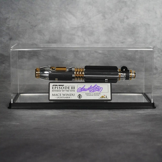 Signature Edition Mace Windu lightsaber and signed plaque presented in the acrylic display case with stand