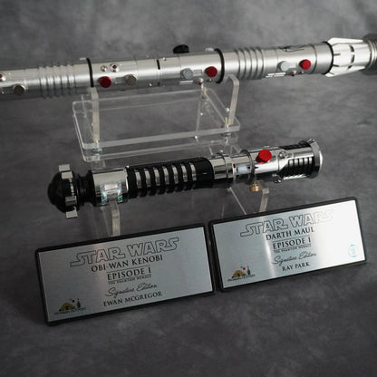 Raffle: Sworn Enemies Vol 1 – Obi-Wan Kenobi Ep1 + Darth Maul Ep 1. Baselit Signed Sabers & Collectors Plaque